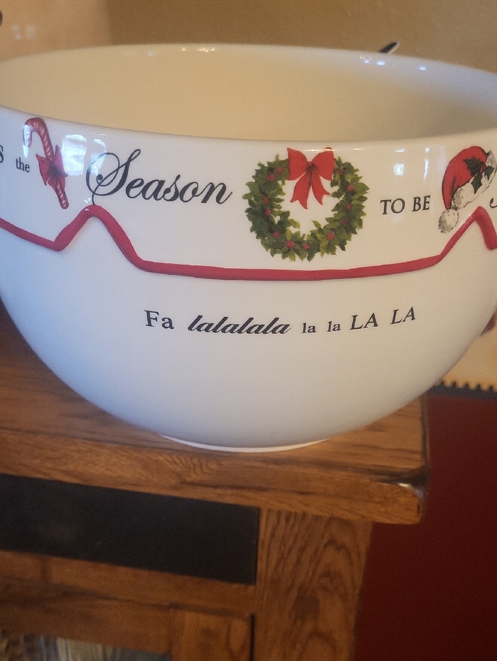 Magenta White Holiday Wreath Serving Bowls with Red Trim